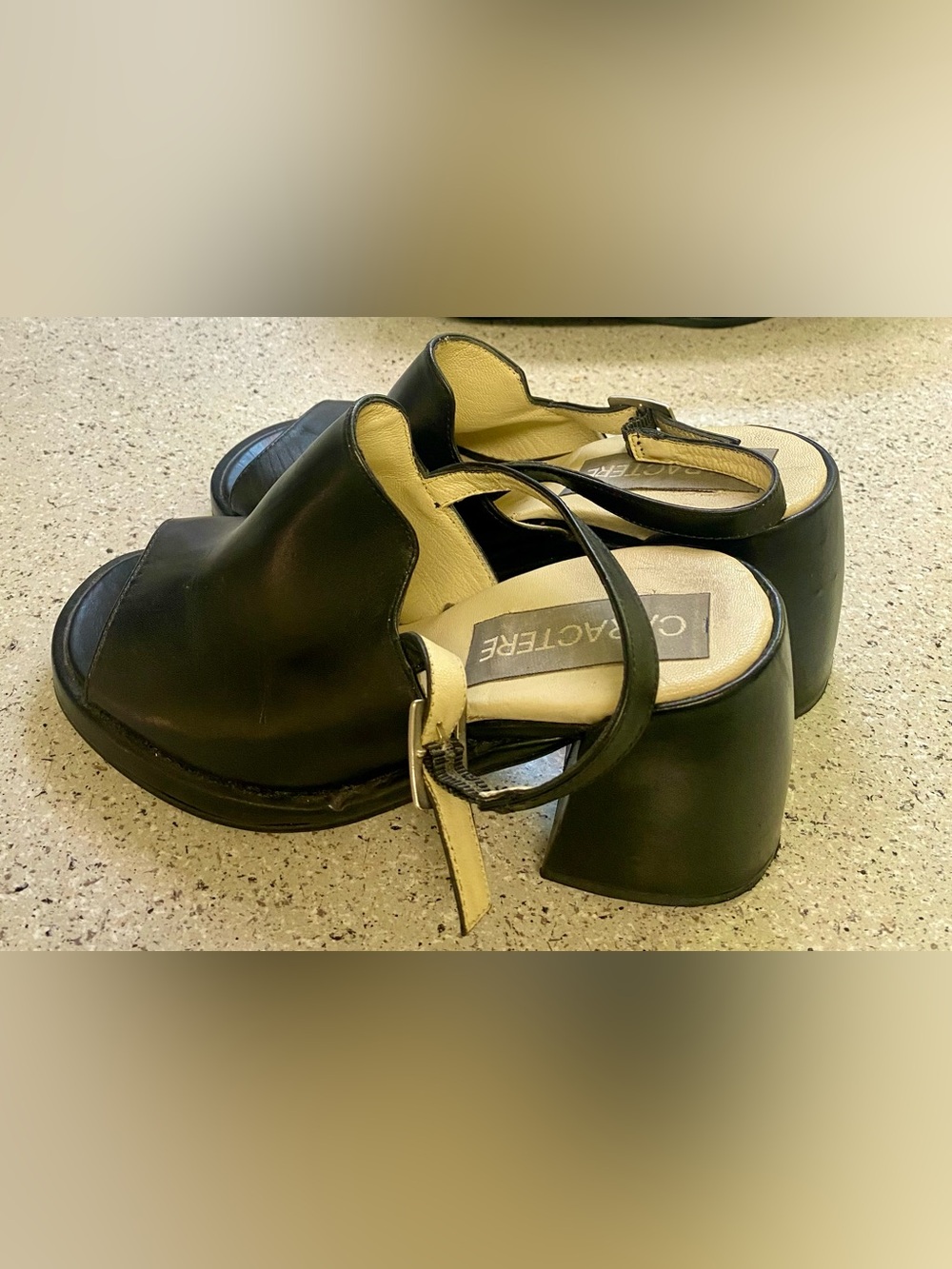 Vintage Caractère Belgium Black Leather Sandals Made in Europe Pre-Euro Era